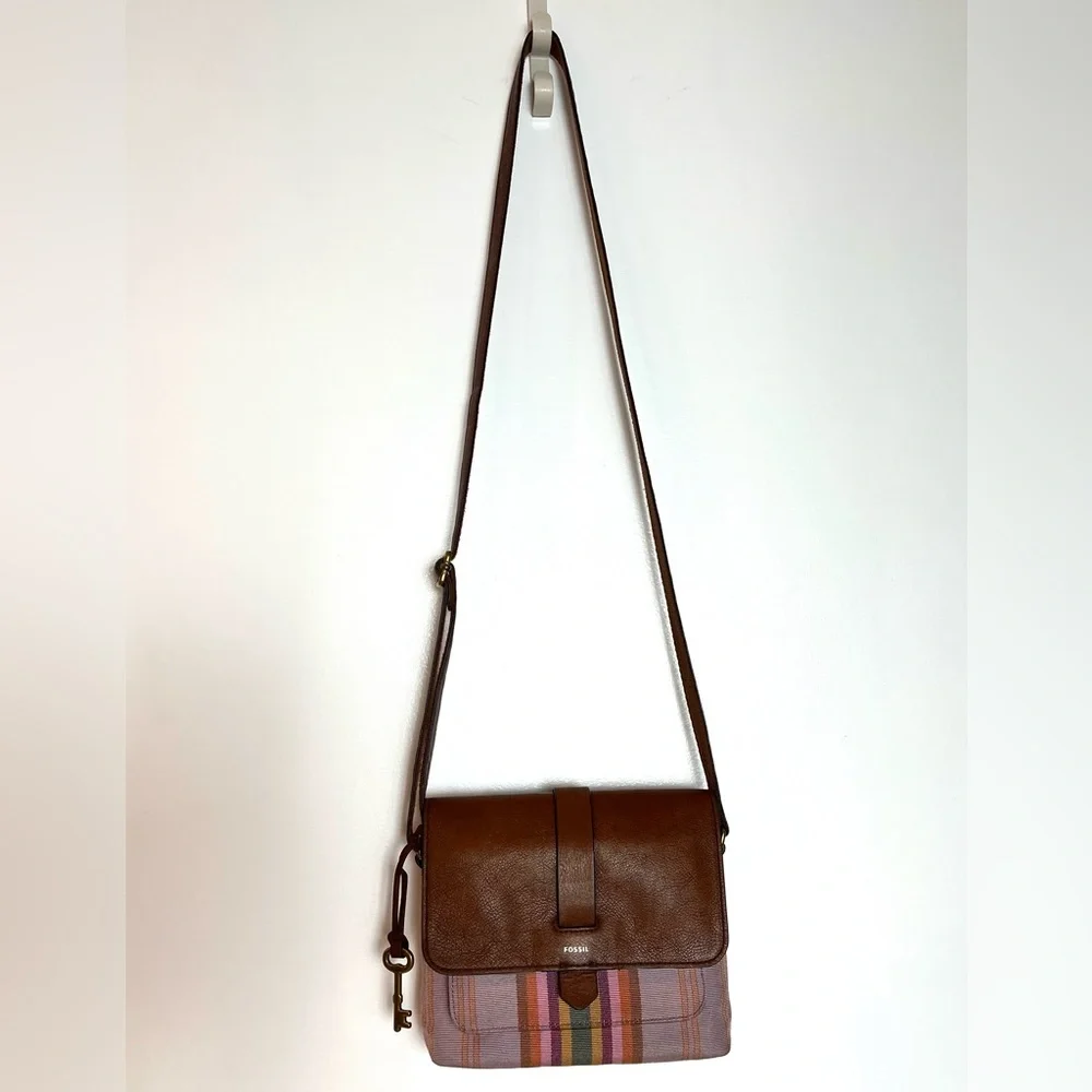 Fossil Leather & Stripe Canvas Crossbody Bag Brown Multicolor